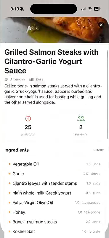 Dohrow recipe screen: grilled salmon steaks with ingredients and quantities